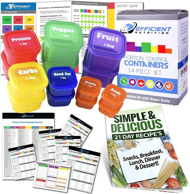 Photo 1 of Efficient Nutrition Portion Control Containers DELUXE Kit (14-Piece) with COMPLETE GUIDE + 21 DAY PLANNER + RECIPE eBOOK BPA FREE Color Coded Meal Prep System for Diet and Weight Loss
