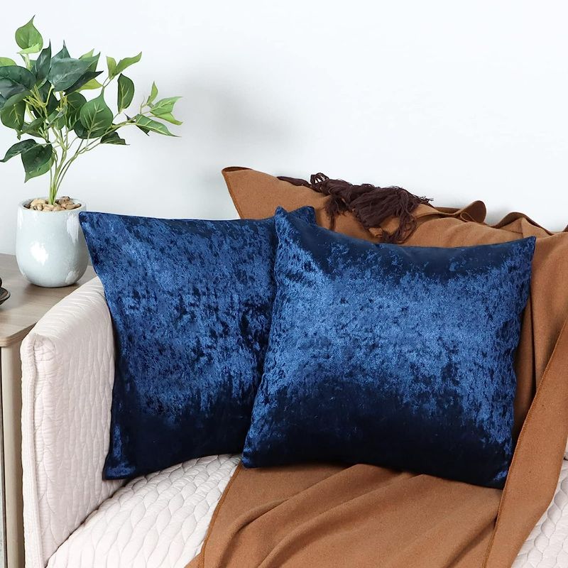 Photo 1 of Esiposs 18 x 18 Cushion Covers Velvet Throw Pillow Covers Decorative Square Pillowcases for Bed Sofa Couch Car Office Yard, Pack of 2 Velvet Pillow Cases, Blue
