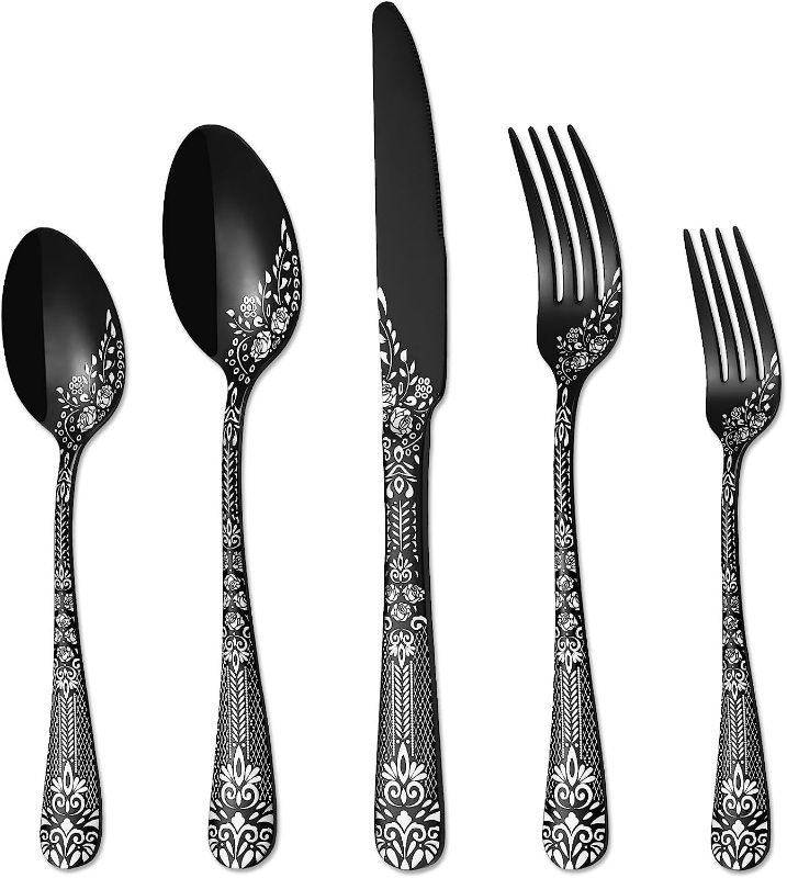 Photo 1 of PHILIPALA 20 Pcs Mirror Black Silverware Set, Stainless Steel Flatware Cutlery Set for 4, Tableware Eating Utensils Sets with Unique Floral Design, Dishwasher Safe
