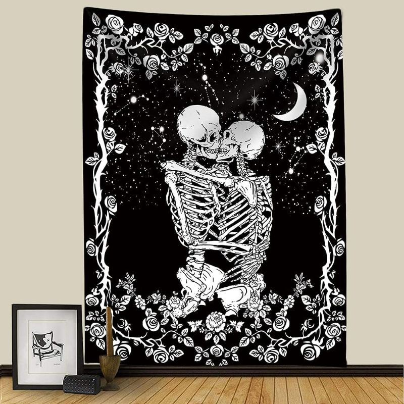 Photo 1 of Goth Tapestry For Bedroom Skull Tapestry Black And White | Skeleton Tapestry Gothic Home Decor Moon Flower Skull Kiss Wall Hangding Aesthetic Tapestry For Home Living Room Dorm Decor (W51" × H59")
