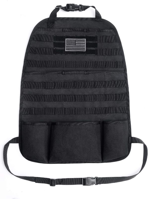 Photo 1 of Tacticool Car Seat Back Organizer - Upgraded Tactical Molle Vehicle Panel Universal Fit Car Seat Cover Protector with Extra USA Flag Patch (Black)
