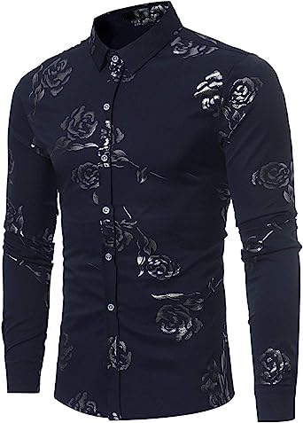 Photo 1 of JASSYOY Men's Rose Printed Long Sleeve Shirt Business Casual Button Down Dress Shirts - Dark Blue - Size XXL
