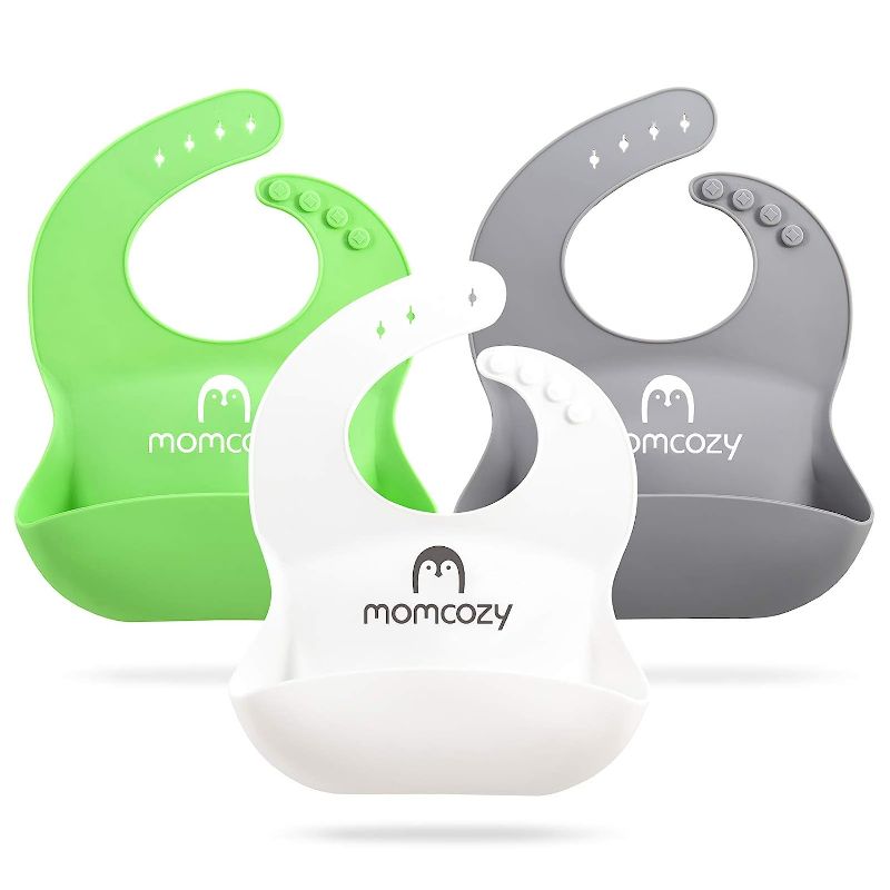 Photo 1 of Momcozy Silicone Baby Bibs Easily Clean, Soft Adjustable Waterproof Silicone Bibs (Green White and Grey)
