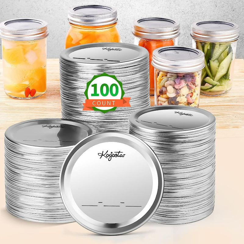Photo 1 of Regular Mouth Canning Lids, 100 PCS Thickened Mason Jar Lids for Ball & Kerr Jars- Food Grade Material Split-Type, Anti- Deformation, 100% Fit & Airtight Metal Mason Jar Lids for Canning(70mm-Regular)
