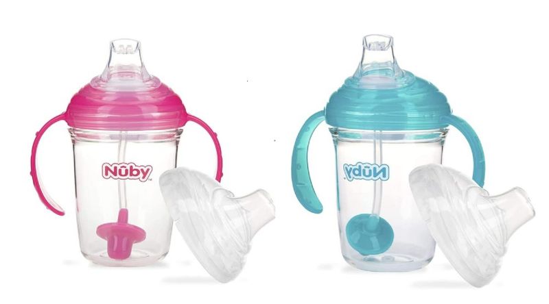 Photo 1 of Nuby No Spill 360 Weighted Straw Grip N' Sip Tritan Cup with Hygienic Cover, 8 Oz, Trainer Cup (Pink/Teal) - see photos for design
