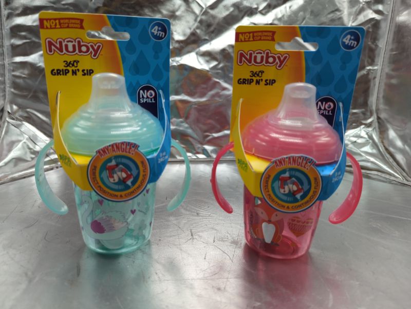 Photo 2 of Nuby No Spill 360 Weighted Straw Grip N' Sip Tritan Cup with Hygienic Cover, 8 Oz, Trainer Cup (Pink/Teal) - see photos for design
