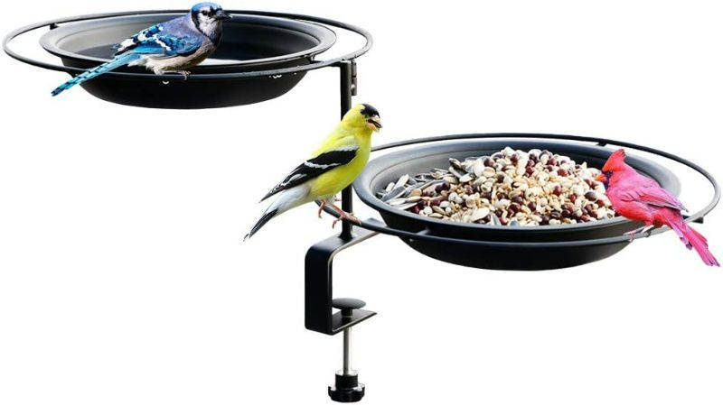 Photo 1 of Solution4Patio Expert in Garden Creation Urban Apartment Deck Rail Bird Feeder & Bird Bath, Balcony Platform Removable Metal Tray 8" Dia, Not Blowing Away, Adjustable Clamp Bracket  New