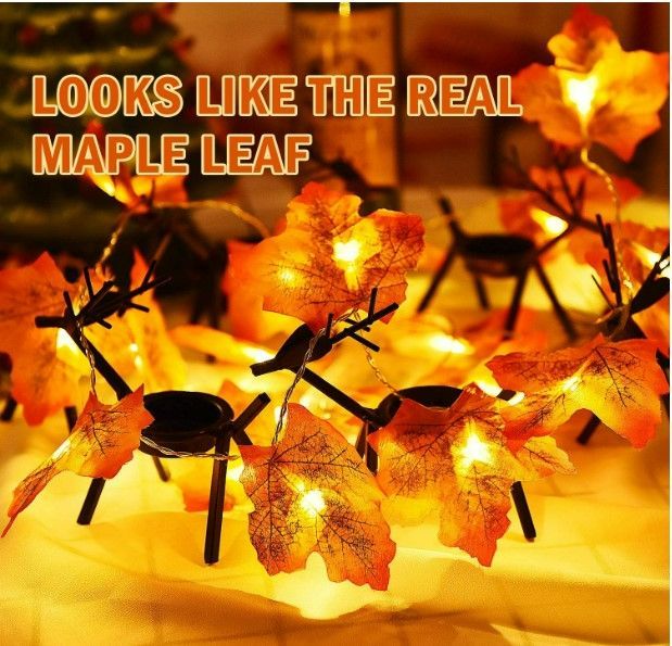 Photo 2 of FALL/HALLOWEEN BUNDLE -12 Pack 3.4inch Artificial Mini Fake Pumpkins + Lighted Fall Garland Thanksgiving Decorations Maple Leaves Garland with Lights, Total 40 LED & 14.4 Ft, 7.2 Ft 20 LED, Pack of 2, NEW + Halloween Window Clings Stickers, 42 Pcs Hallowe
