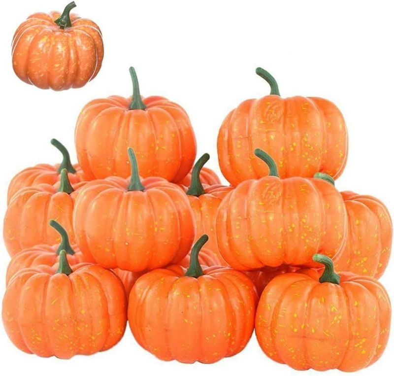 Photo 1 of FALL/HALLOWEEN BUNDLE -12 Pack 3.4inch Artificial Mini Fake Pumpkins + Lighted Fall Garland Thanksgiving Decorations Maple Leaves Garland with Lights, Total 40 LED & 14.4 Ft, 7.2 Ft 20 LED, Pack of 2, NEW + Halloween Window Clings Stickers, 42 Pcs Hallowe