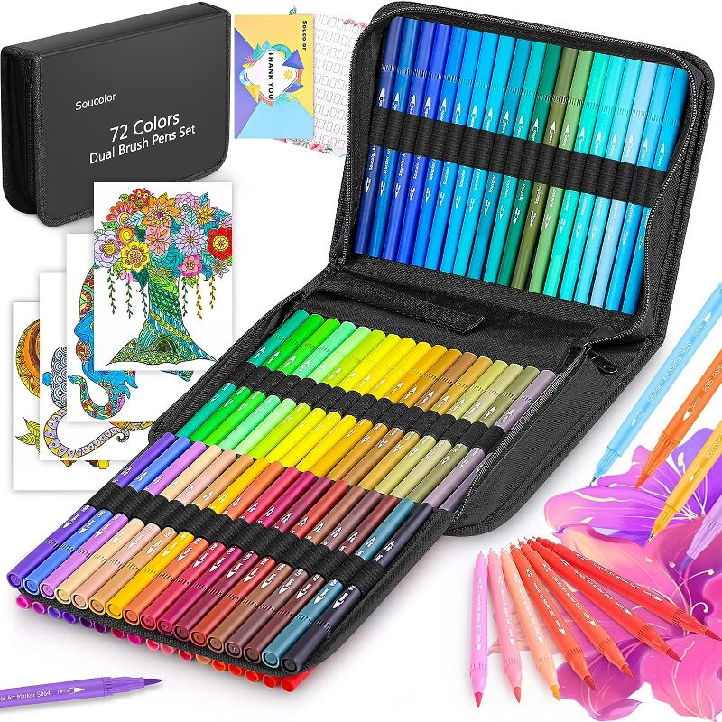 Photo 1 of Coloring Markers Pens Set for Adult Coloring Book, Soucolor 72 Colors Dual Tip Art Markers (Fineliner&Brush, Numbered Penholder) with Case for Adults Kids Artist Drawing Journaling Sketching Lettering
