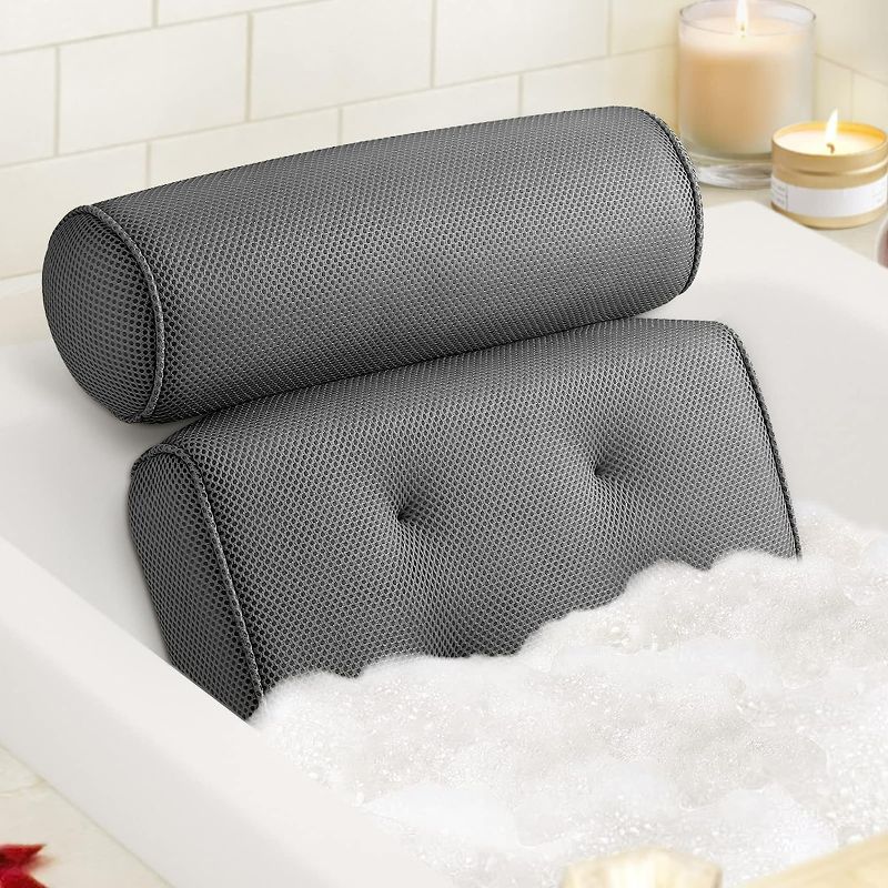 Photo 1 of LuxStep Bath Pillow Bathtub Pillow with 6 Non-Slip Suction Cups,14.6x12.6 Inch, Extra Thick and Soft Air Mesh Pillow for Bath - Fits All Bathtub, Grey
