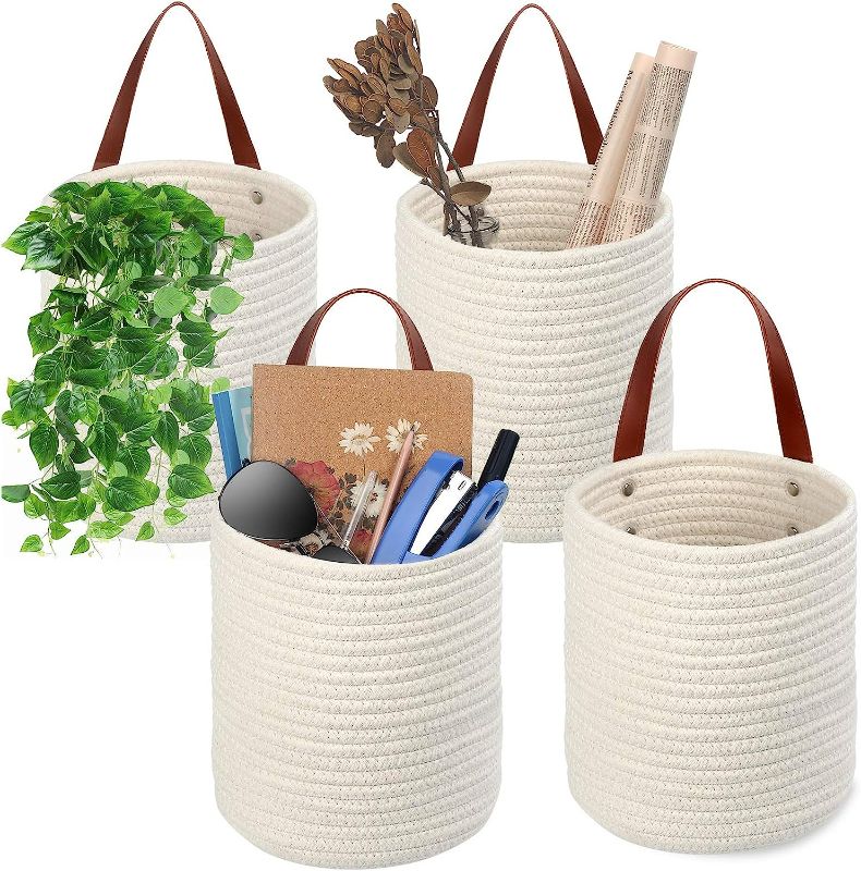 Photo 1 of TomCare 4 Pack Hanging Baskets Wall Basket 7.9" x 6.7" Small Woven Storage Baskets Rope Hanging Storage with Leather Handles Small Decorative Baskets Organizer for Plants Bedroom Office White
