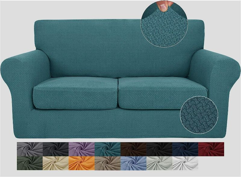 Photo 1 of JIVINER Newest 3 Pieces Stretch Couch Covers for 2 Cushion Couch Fitted Thick Loveseat Sofa Slipcover with 2 Seat Cushion Covers for Living Room Pet Dogs (Loveseat, Peacock Blue)
