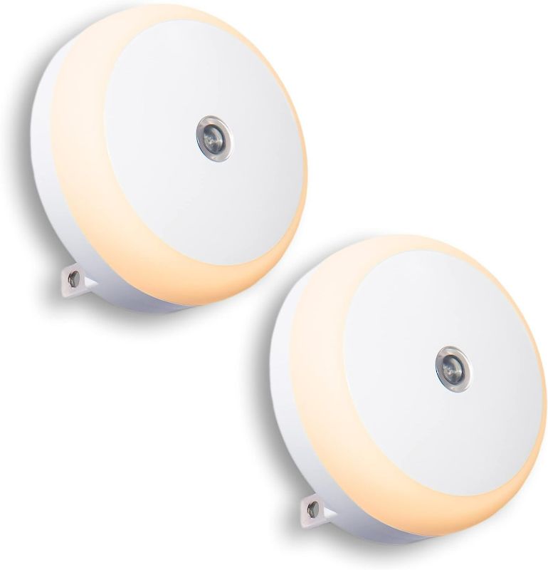 Photo 1 of SerieCozy LED Night Light Plug in Nightlight with Dusk to Dawn Sensor Smart Warm White Night Wall Light Anti-Infrared for Bathroom, Bedroom, Home, Kitchen, Hallway, Energy Efficient, Round, 2 Pack
