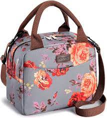 Photo 1 of Kaome Insulated Lunch Bag with Shoulder Strap-Gray With Flowers
