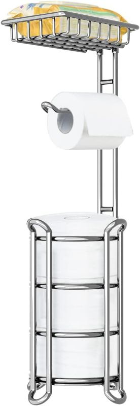 Photo 1 of TreeLen Toilet Paper Holder Stand Toilet Tissue Roll Holder with Shelf for Bathroom Storage Holds Phone/ Wipe/ Mega Rolls-Shiny Chrome
