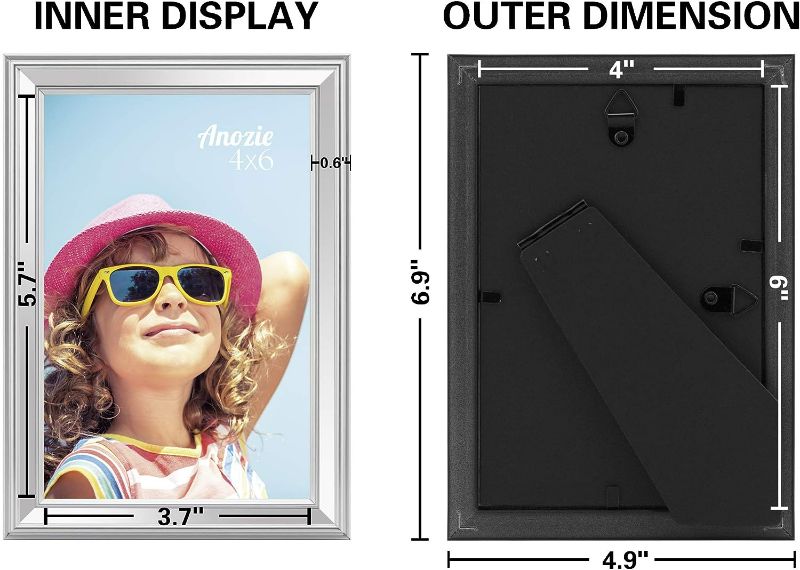 Photo 1 of Anozie 4X6 Picture Frames(4 Pack,Silver) Simple Line Moulding Photo Frame Set with HD Real Glass for Tabletop or Wall Mount Display, Minimalist Collection (Silver, 4X6)