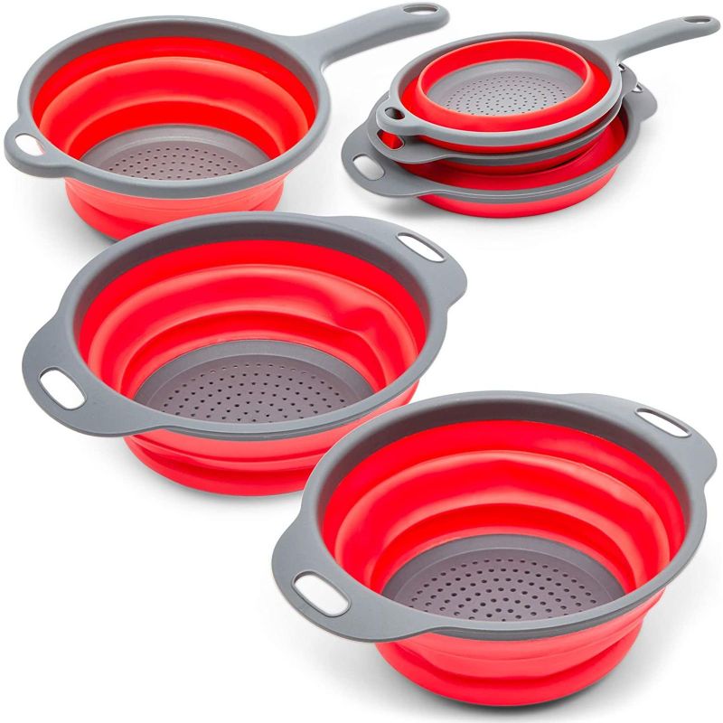 Photo 1 of Collapsible Colander Strainer Set for Kitchen (Red, 3 Pack)
