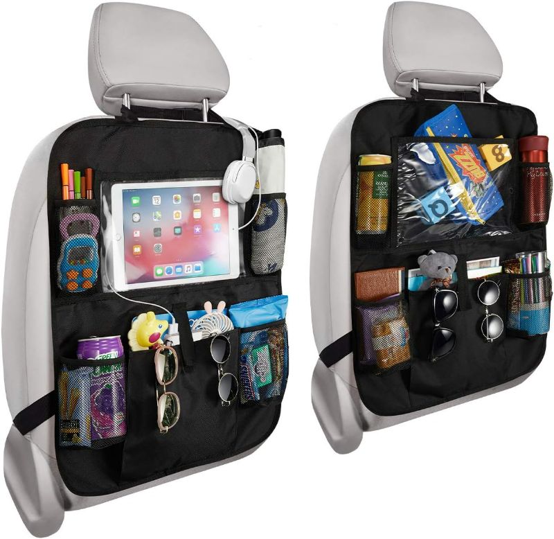 Photo 1 of Car Backseat Organizer 2 Pack Waterproof and Durable Car Seat Organizer Kick Mats Muti-Pocket Back Seat Storage Bag with Touch Screen Tablet Holder to Organize Toy iPad Bottle Snacks Books