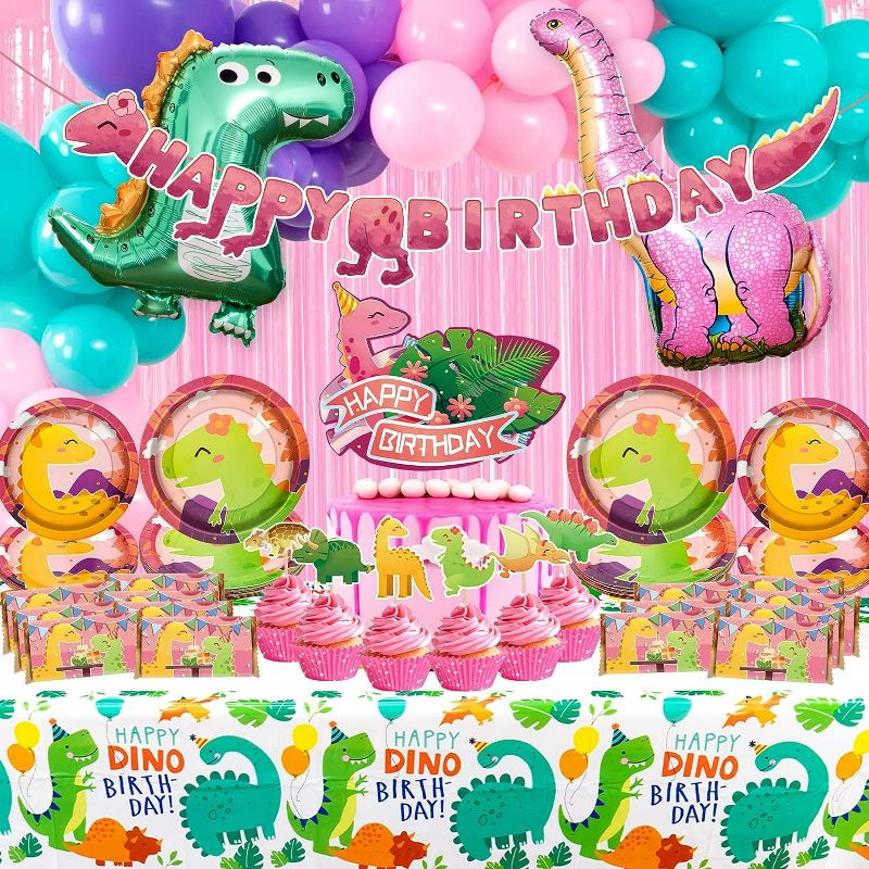 Photo 1 of 156 Pcs Dinosaur Party Supplies,Dino Birthday Party Decorations Set for Girls include Dinosaurs Balloons Set,Happy Birthday Banner,Plates,Utensils,Tablecloth,Cake Toppers,Chocolate Stickers,Pink Foil Curtain,Perfect For Your Kid's Party