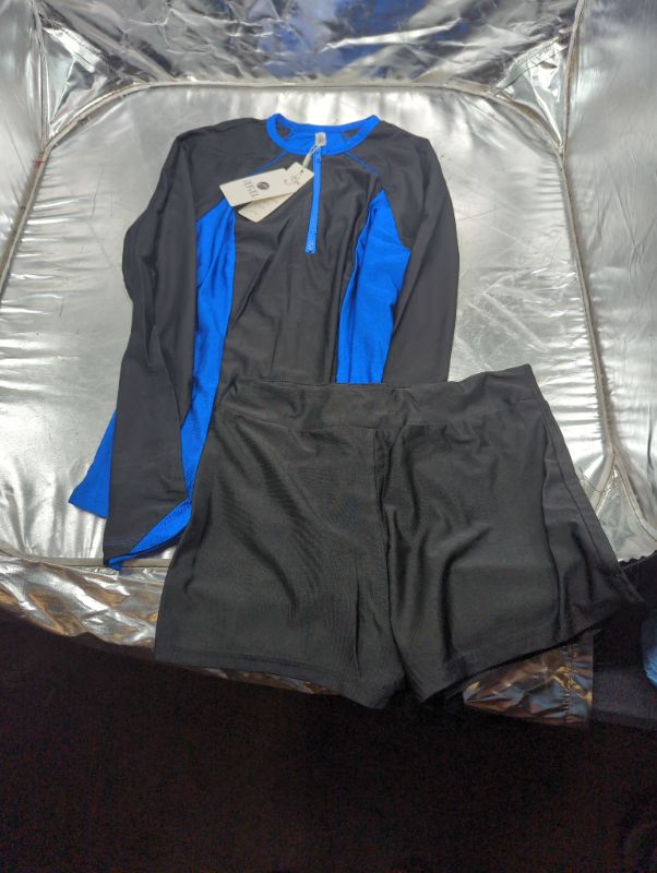 Photo 1 of iEFiEL Girls Black/Blue Long Sleeve Swim/Water Set with Shorts - Size Small