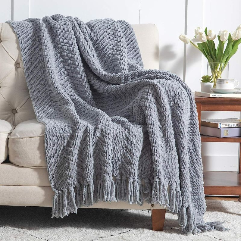Photo 1 of Bedsure Grey Throw Blanket for Couch – Knit Woven Chenille Blanket Versatile for Chair, 50 x 60 Inch, Super Soft Warm Decorative Gray Blanket with Tassels for Bed, Sofa and Living Room
