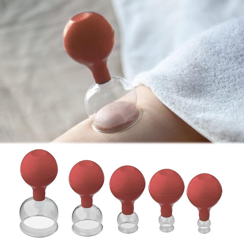 Photo 1 of Bacaby 5Pcs Glass Facial Cupping Set - Professional Grade Silicone Facial Cupping for Body, Face, Neck, Back, Eye Massage, Vacuum Tank, Perfect for Body and Facial Care, Anti-aging Beauty Tool (Red)
