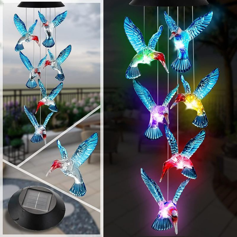 Photo 1 of Ousenone Hummingbird Wind Chimes Solar Wind Chimes Outdoor Color Changing Light Up Wind Chimes Solar Powered Memorial Wind Chimes Birthday Gifts for Mom Hummingbird Gifts (Blue windchimes)
