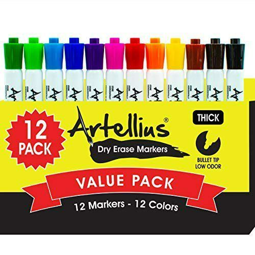 Photo 1 of Dry Erase Markers (12 Pack of Assorted Colors) Thick Barrel Design - Perfect Pens For Writing on Whiteboards, Dry-Erase Boards, Mirrors, Windows, & All White Board Surfaces