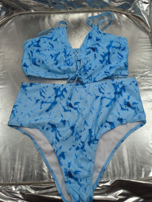 Photo 2 of HAPIMO Women's Bikini Swimsuit Tie Dye Beachwear Strappy Bathing Suit Summer Seaside Clothes for Girls Criss Cross Bandage Swimwear Sets Sales Blue XL
