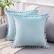 Photo 1 of Top Finel Decorative Throw Pillow Covers 16 x 16 Inch Soft Particles Velvet Solid Cushion Covers with Pom-poms for Couch Bedroom Car 40 x 40 cm, Pack of 2, Aqua Blue
