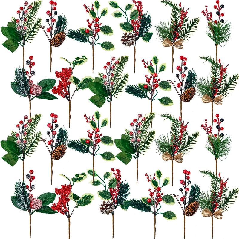 Photo 1 of WILLBOND Artificial Christmas Red Berry Picks Pine Berry Branches Holly Pine Snowy Flower Picks Fake Berries Pine Cones for Christmas Crafts Party Festive Home Decor 8 Inch Flexible Stems (24 Pieces)
