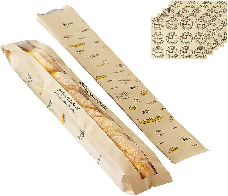 Photo 1 of 50 Pack Baguette Bread Fresh Kraft Paper Bag, Bread Loaf Packing Bags with Front Breathable Hole Window (4"x 1.6"x 23.6") and 60 Pieces Seal Stickers
