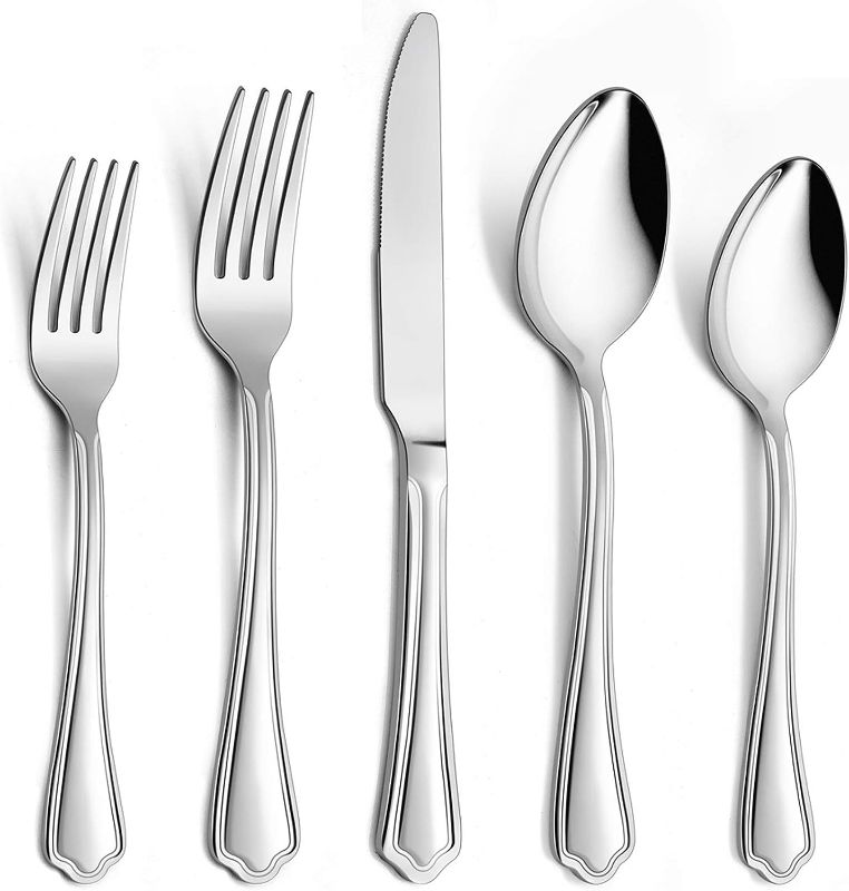 Photo 1 of 40-Piece Silverware Set, E-far Stainless Steel Flatware Cutlery Set Service for 8, Metal Tableware Eating Utensil Set, Dinner Knives/Forks/Spoons, Scalloped Edge & Mirror Polished - Dishwasher Safe

