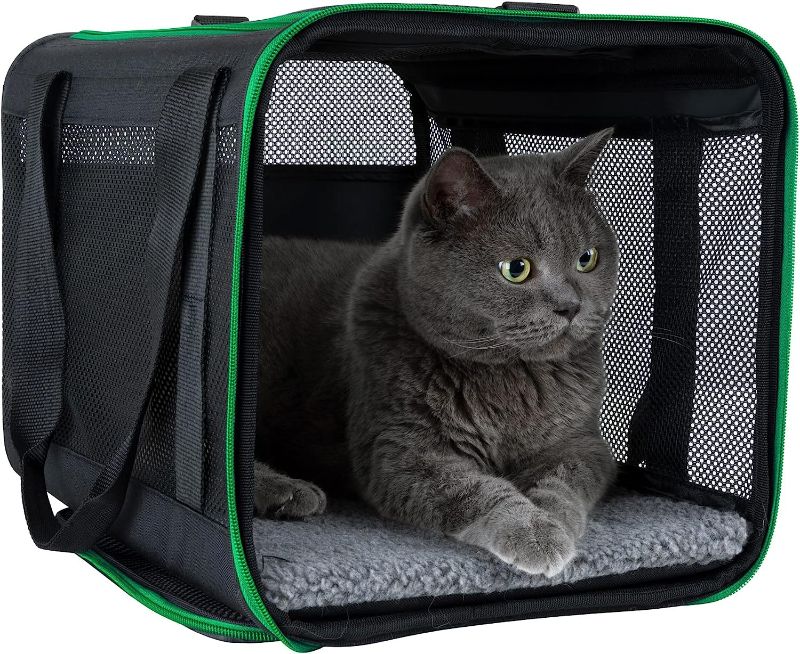 Photo 1 of petisfam Soft Pet Carrier Bag for Easy Travel with Medium, Large Cats, 2 Kitties and Small Dogs. Easy to get Cat in. Easy Vet Visit. Easy Storage. Black w/Green Trim, L
