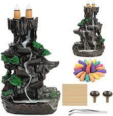 Photo 1 of Jueison Dual Sided Mountain Backflow Incense Burner Resin Waterfall Incense Holders Cone Stick Holder with 120 Incense Cones + 30 Incense Sticks + 1 Mat + 1 Tweezers for Home Office Decor Gift
