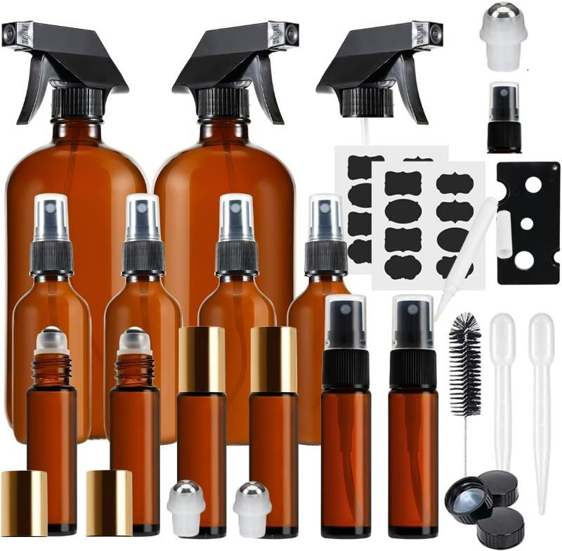 Photo 1 of Glass Spray Bottle - MASSUGAR Amber Glass Spray Bottles Set Refillable Container for Essential Oil Bottle Kits - 2 x 16oz, & 4 x 2oz Spray Bottles & 6 x 10ml Roller Bottles for Essential Oils or Cleaning
