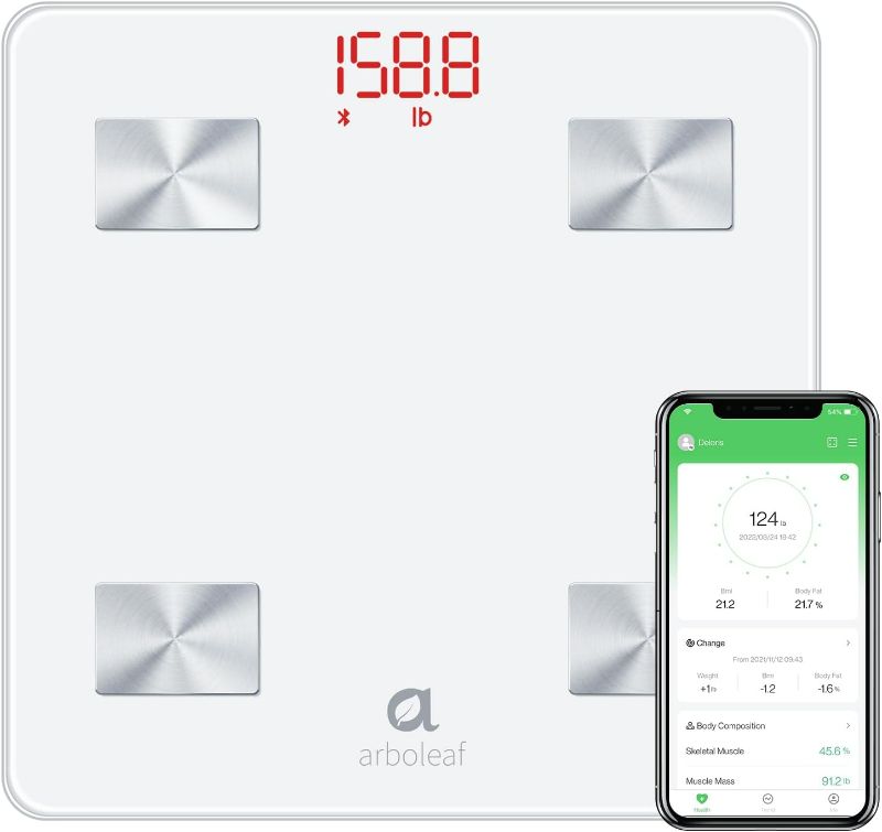 Photo 1 of arboleaf Scale for Body Weight, Highly Accurate Weight Scale, Smart Bathroom Scale, 14 Key Body Composition Analysis Sync Apps, 5 to 400 lbs White
