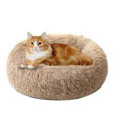 Photo 1 of DanceWhale Cat Calming Bed, Donut Plush Round Dog Bed for Small Medium Large Pet, Anti Anxiety Cuddler Soft Cusion Fuzzy Comfy Cat Mat for Puppy Kitten(Brown, 39.4")