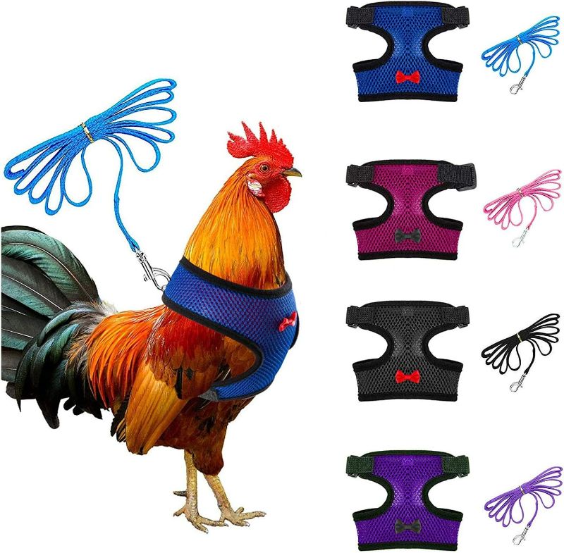 Photo 1 of 4 Pcs Adjustable Chicken Harness with Leash- 4 Styles Comfortable Hen Vest Breathable Mesh Chicken Training Harness and Leash for 2.5-3.6 Lb Duck Goose Hen Small Pets
