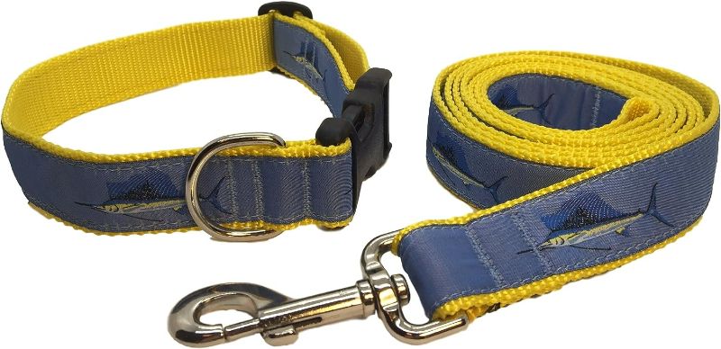 Photo 1 of Preston Inc Preston Sailfish Dog Collar and Leash Set Light Blue Ribbon on Yellow Adjustable Nylon Webbing (Large)
