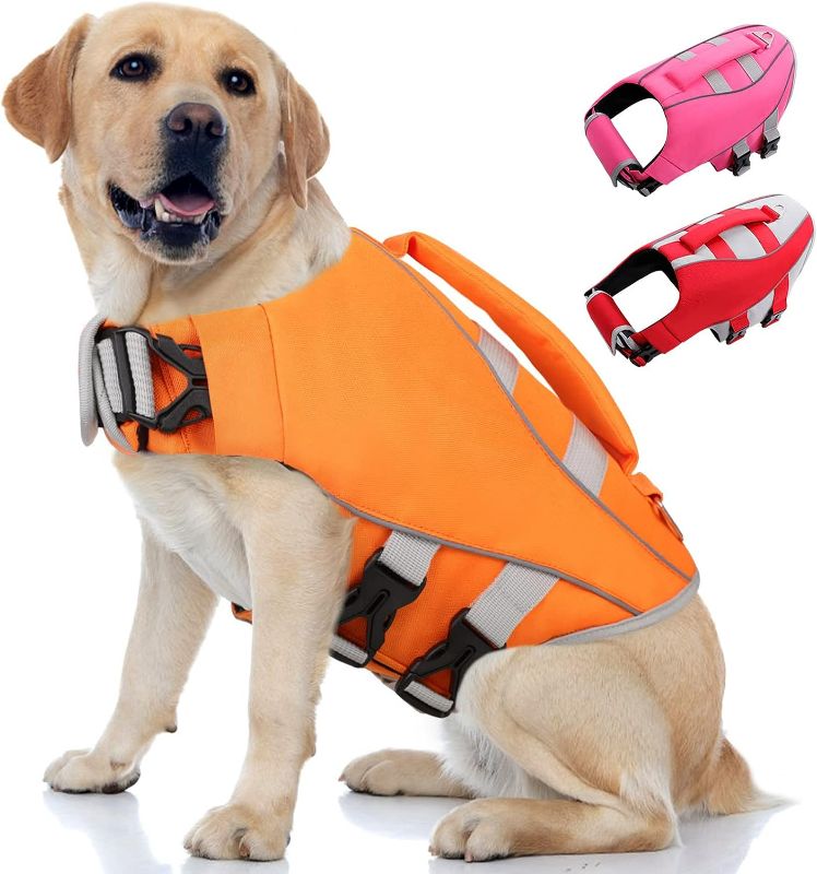 Photo 1 of Queenmore Dog Life Jacket,Life Vest for Large Medium Small Dogs,Adjustable Reflective Dog Swimming Vest,High Buoyancy Dog Lifesaver,Pet Life Preserver (Orange, 2XL)
