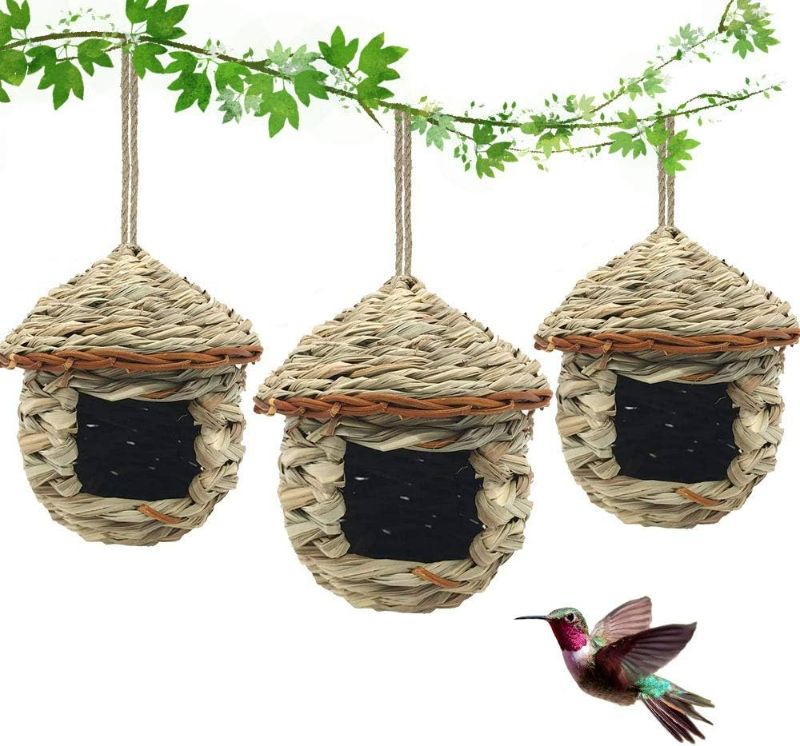 Photo 1 of 3 Pack Hummingbird House, Hand Woven Bird Nest for Outdoors Hanging, Small Grass Bird Houses for Outside, Natural Fiber Bird Hut Roosting Pocket for Finch Canary Chickadee
