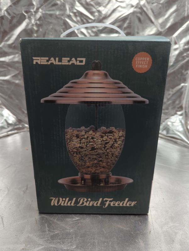 Photo 2 of REALEAD Bird Feeder, Wild Bird Feeders for Outside,Metal and Glass Bird Feeder with 3 lbs Seed Capacity, Bird Feeders for Outdoor Hanging for Garden Yard Copper Effect Finish