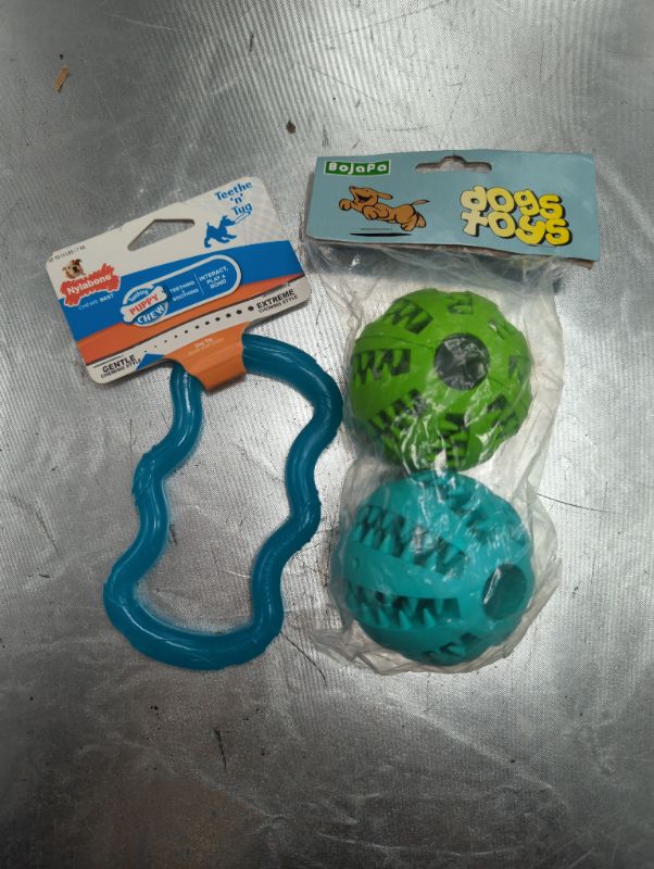 Photo 3 of Dog Puzzle Teething Toys Balls: 2pack Interactive Rubber Small Dog Treat Dispensing Ball Medium Breed Dog Aggressive Chewer + Nylabone Teethe 'n' Tug Puppy Chew Toy for Teething - Puppy Supplies - Blue, X-Small/Petite (1 Count) Tug X-Small up to 15 lbs.