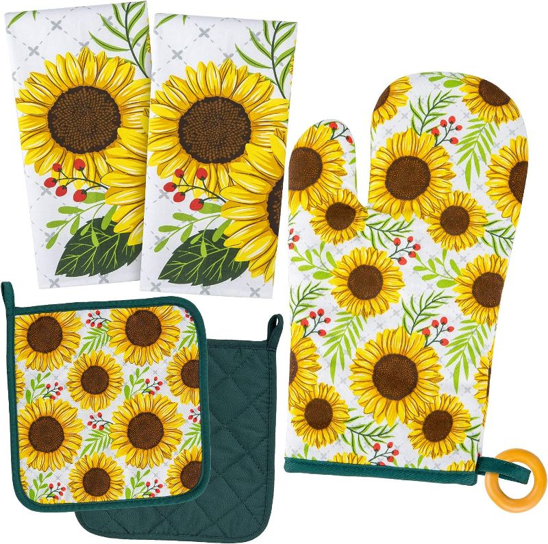 Photo 1 of KOALAND Cute Sunflower Kitchen Towels 5 Piece Linen Set, 2 Oversized Tea Towels 2 Pot Holders 1 Oven Mitt, 100-percent Cotton Sunflower Decorative Dish Towels, Floral Pot Holders, Sunflowers Decor
