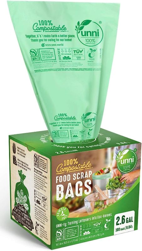 Photo 1 of UNNI 100% Compostable Bags, 2.6 Gallon, 9.84 Liter, 100 Count, Extra Thick 0.71 Mil, Samll Kitchen Food Scrap Waste Bags, ASTM D6400, US BPI and Europe OK Compost Home Certified, San Francisco
