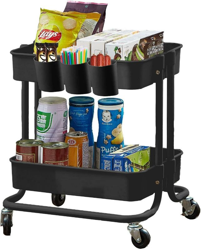 Photo 1 of 2-Tier Utility Rolling Cart Storage Sofa Side Table with Wheels, Mobile Trolley Organizer with for Office Home Kitchen Organization, Black
