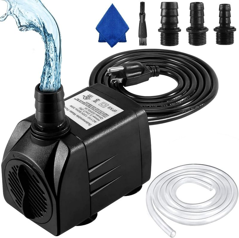 Photo 1 of AsFrost Submersible Water Pump, 550GPH (30W 2000L/H) Fountain Pump with 6.5ft Tubing (1/2 Inch ID), Quiet Outdoor Small Pond Pump, 7.2ft High Lift, 3 Nozzles for Aquariums, Fish Tank, Hydroponics
