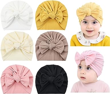 Photo 1 of 6 Pack Soft Stretchy Turban Hats with Knotted Big Bow Caps Beanies Bonnets Headwraps Hair Accessories for Baby Girls Infants Toddlers Kids
